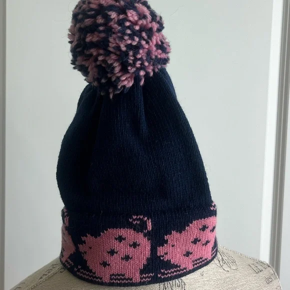 NWOT Stowe Woolens Ltd navy blue beanie hat with pink pigs, blue & pink pom-pom - Picture 11 of 12